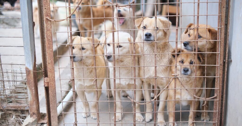 Multiple dogs in a shelter cage, highlighting the need for adoption and animal care.
