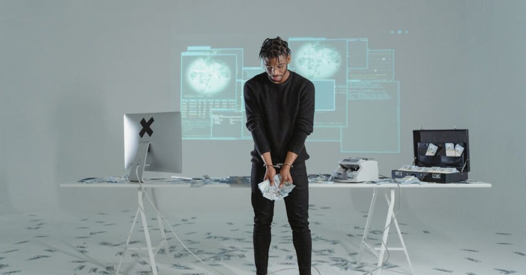 A man stands holding money in a high-tech room with scattered bills and a computer setup.