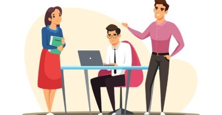 Business people work together at office on meeting. Corporate employees talking about tasks, boss sitting with laptop, young secretary smiling and standing near desk with report documents