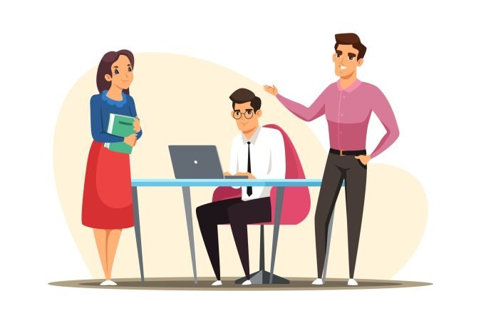 Business people work together at office on meeting. Corporate employees talking about tasks, boss sitting with laptop, young secretary smiling and standing near desk with report documents